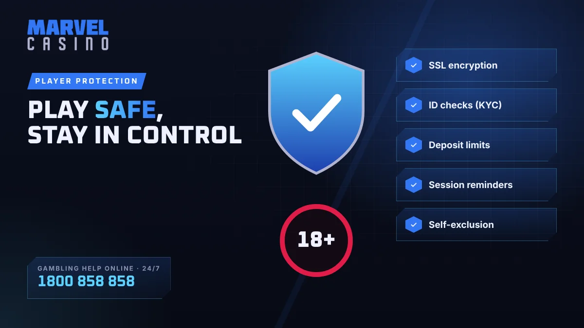 Player protection: SSL encryption, ID checks, deposit limits, session reminders and self-exclusion; 18+; Gambling Help Online 1800 858 858