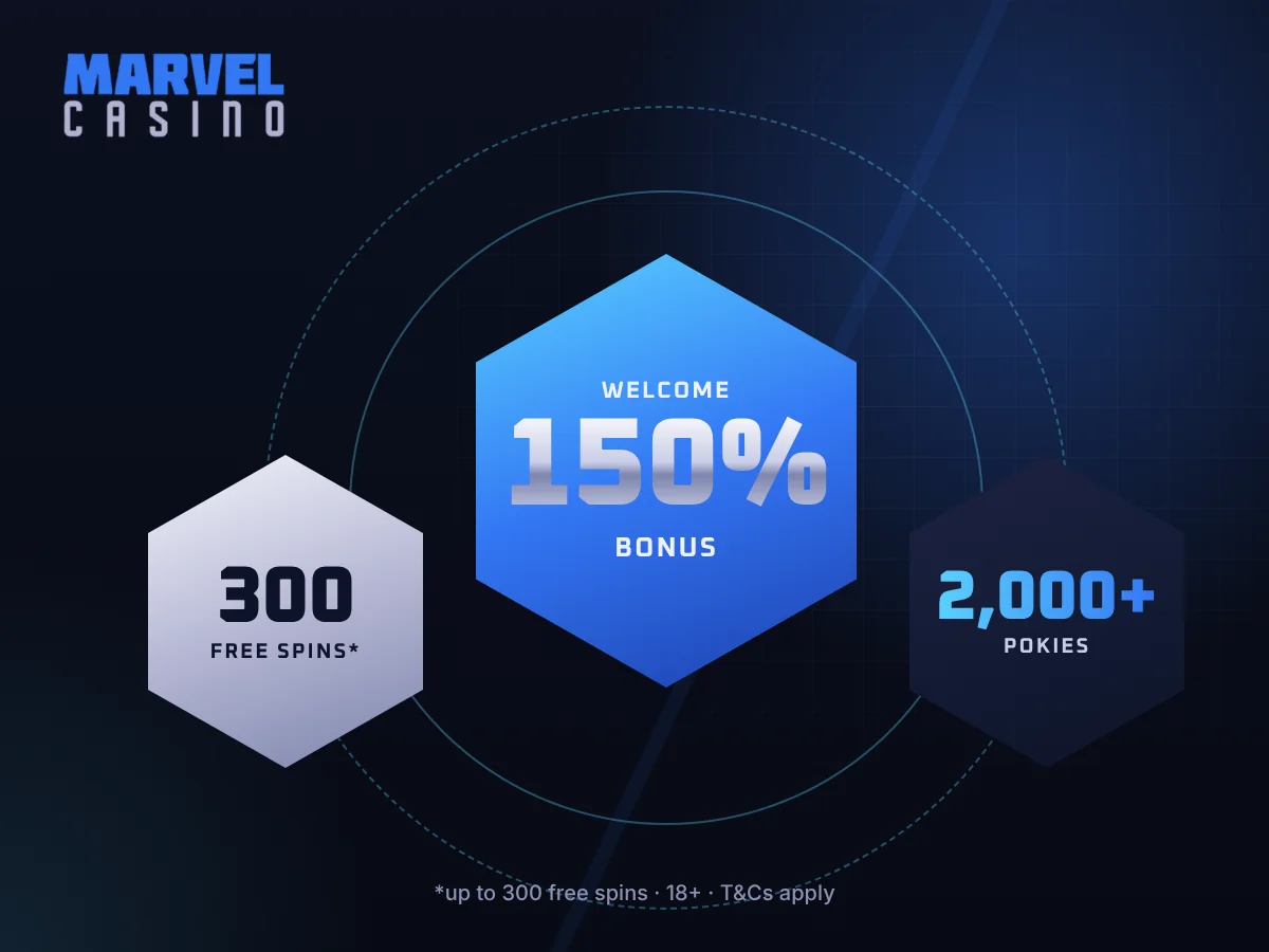 Marvel Casino welcome package: 150% bonus, up to 300 free spins and 2,000+ pokies